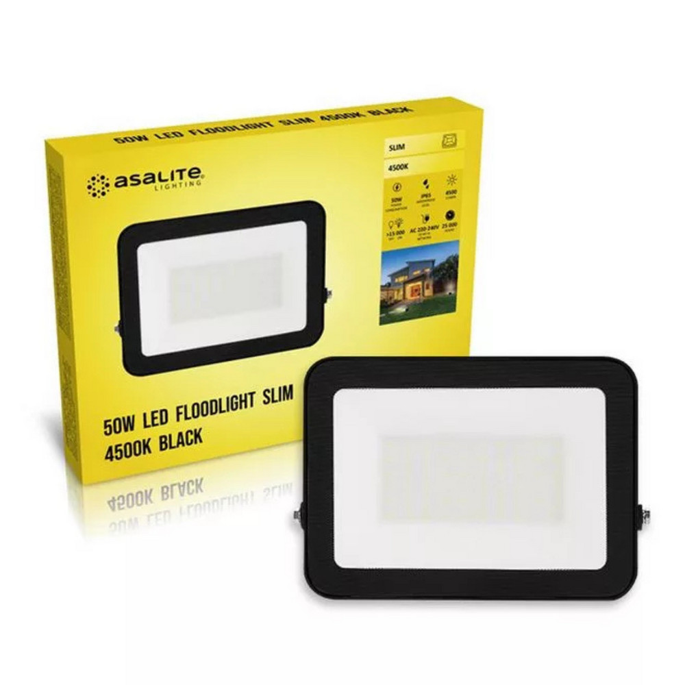 LED reflektor , 50W , 4500 lm , slim, fekete , természetes fehér , IP65 , Asalite