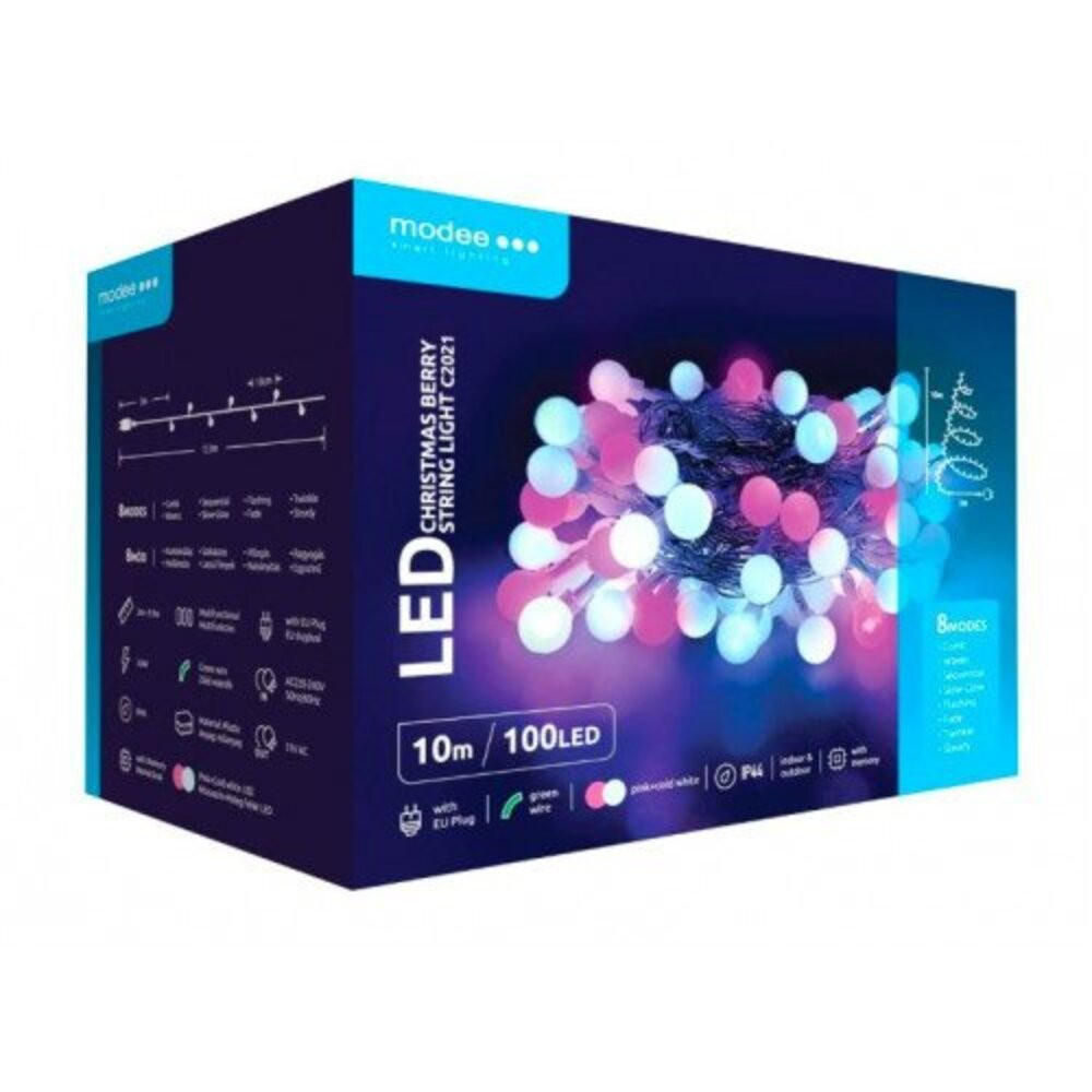 Led fényfüzér , beltéri/kültéri , hideg fehér/ pink , cherry , 100 LED , 10 m , IP44 , Modee