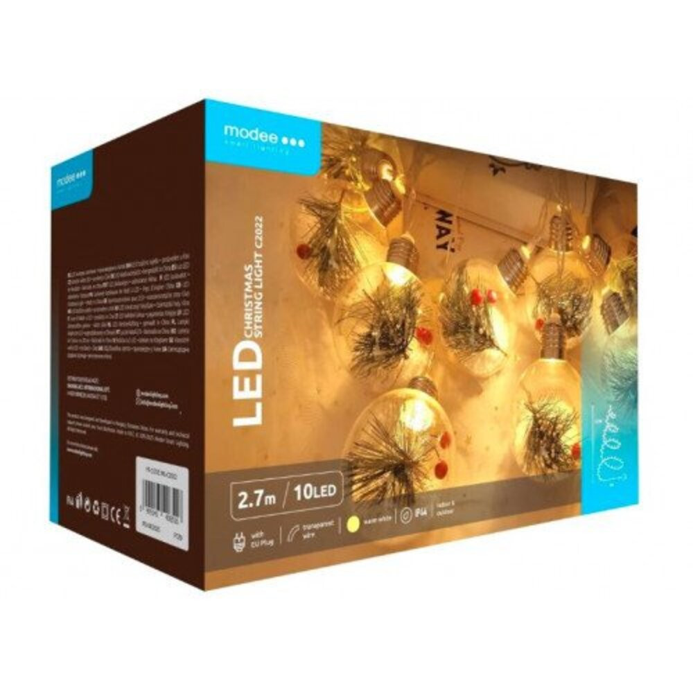 Led fényfüzér , beltéri , meleg fehér, gömb , fenyőág, 2,7m , 10 LED , IP44 , Modee