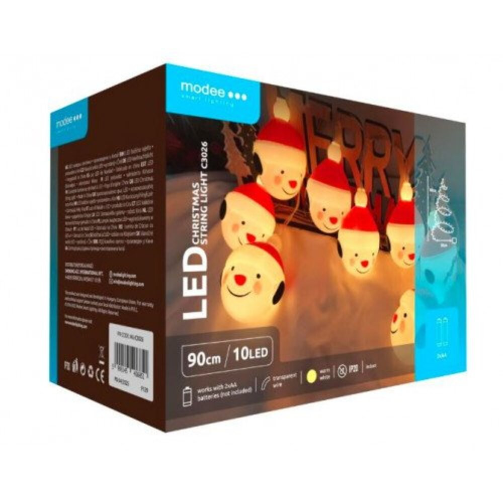 Led fényfüzér , beltéri , meleg fehér , elemes , mikulásfej, 10 LED , IP20 , Modee